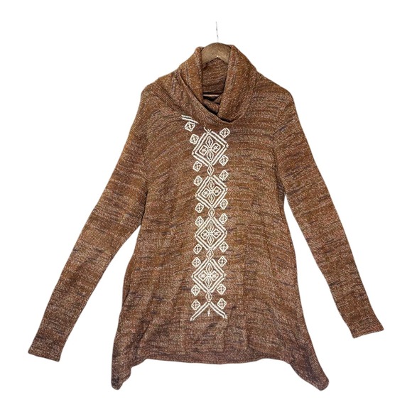 Roper Womens Cowl Neck Tunic Sweater XL Brown Embroidered Western‎ Boho Aztec - Picture 2 of 10